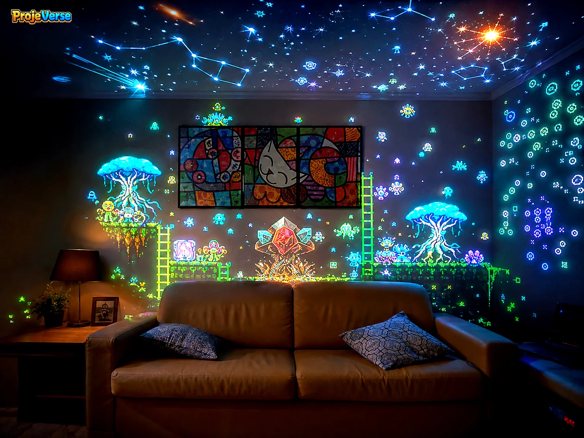 Sala transformada pelo ProjeVerse com floresta e criaturas em pixel art projetadas na parede